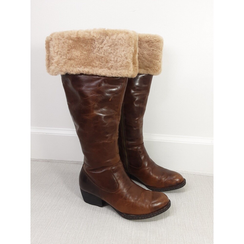 Born Clemens Size 8 Brown Leather Boots Shearling Riding Pull On Knee High